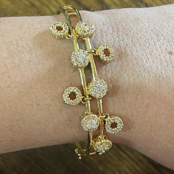 GOLD DIAMONIQUE DANGLE ROUND CHARM HINGED BANGLE BRACELET BY ADI 7" - Picture 1 of 9